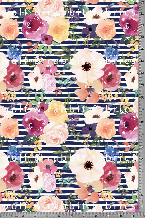 Navy Stripe Floral - Organic Cotton/Spandex Euro Knit Jersey