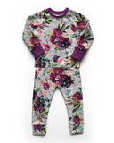 BURGUNDY FLORAL - FOG - Organic Cotton/Spandex Euro Knit Jersey