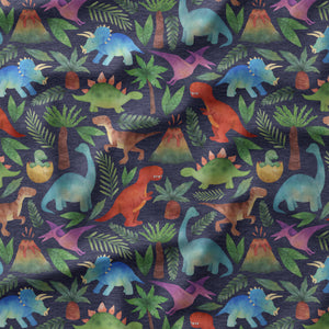 Rainbow Dinos - Dark Blue - Organic Cotton/Spandex Euro Knit Jersey