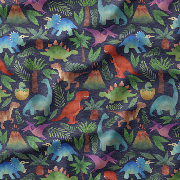 Rainbow Dinos - Dark Blue - Organic Cotton/Spandex Euro Knit Jersey