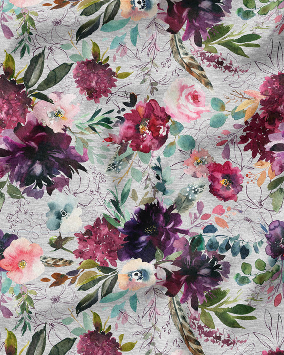 BURGUNDY FLORAL - FOG - Organic Cotton/Spandex Euro Knit Jersey