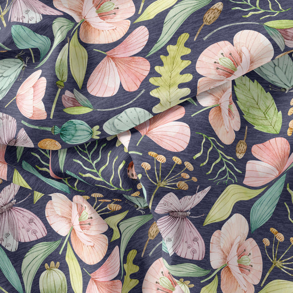 Poppies & Butterflies - Navy - RECYCLED Swim Fabric