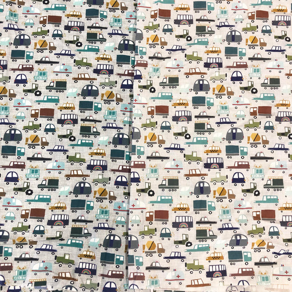 POPLIN - FADED PRINTING - Toy Cars - 100% Organic Cotton WOVEN Fabric