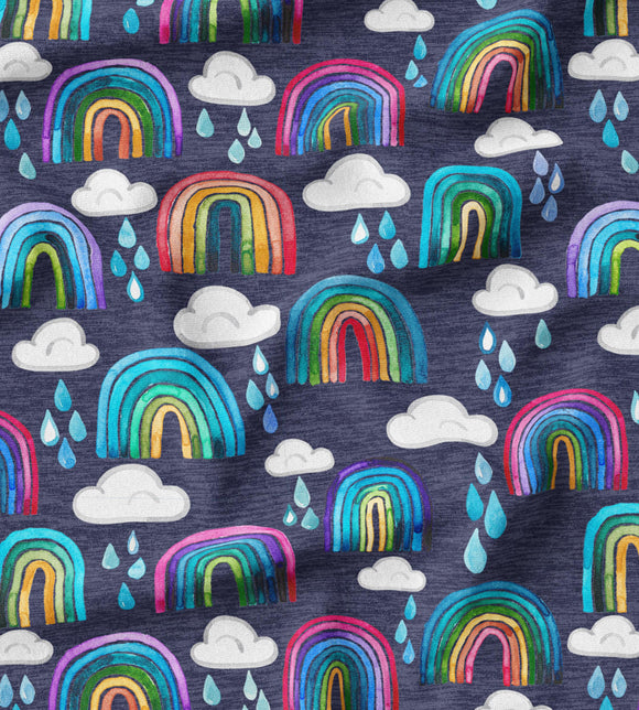 Rainbows & Raindrops - Dark Blue - Organic Cotton/Spandex Euro Knit Jersey